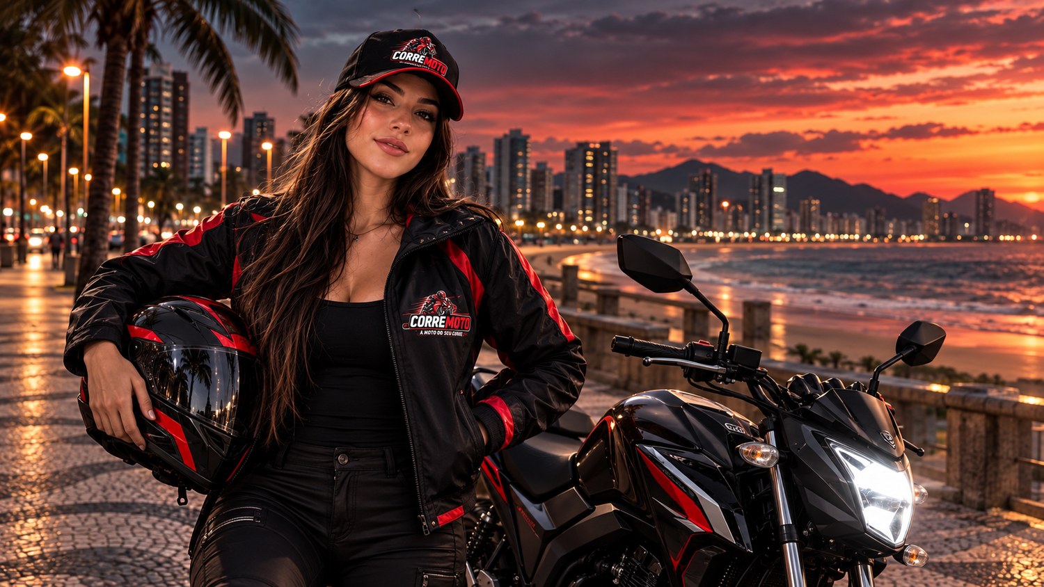 Pessoa com moto CorreMoto na orla ao entardecer